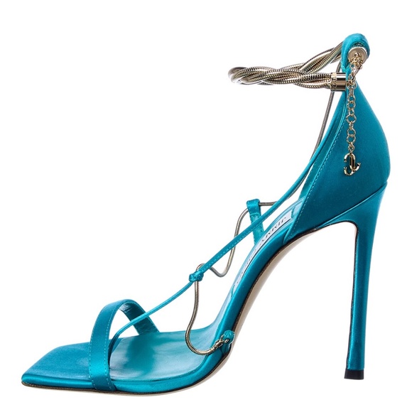 JIMMY CHOO Oriana 110 Turquoise Gold Chain Heel Size 37 - Picture 7 of 8